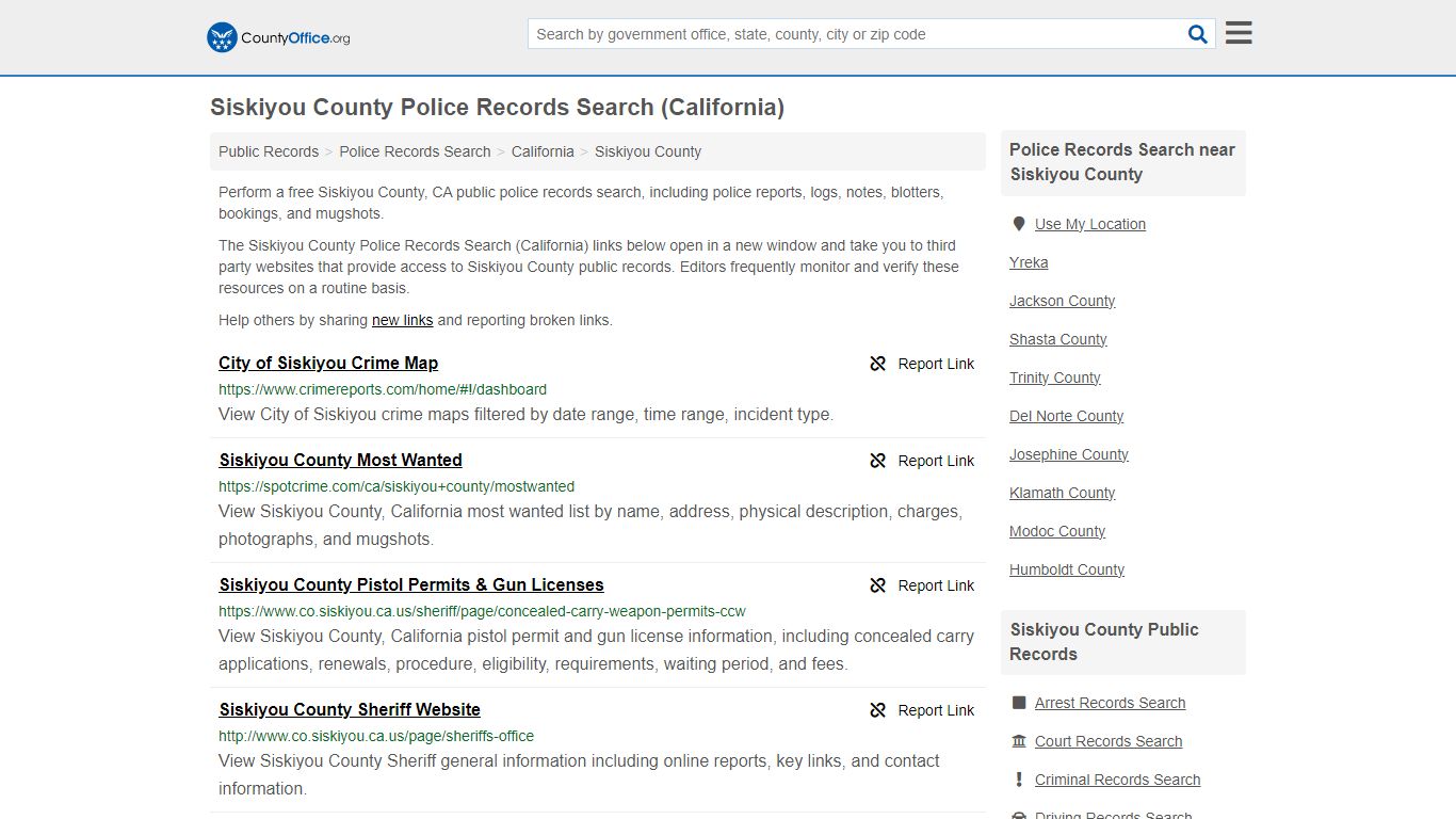 Siskiyou County Police Records Search (California) - County Office